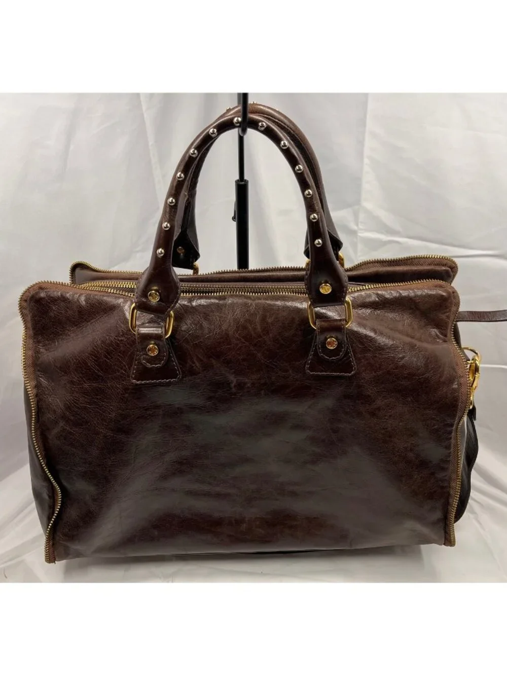 Jenrigo Italian Leather Brown Large Satchel Shoulder Bag Gold Hardware